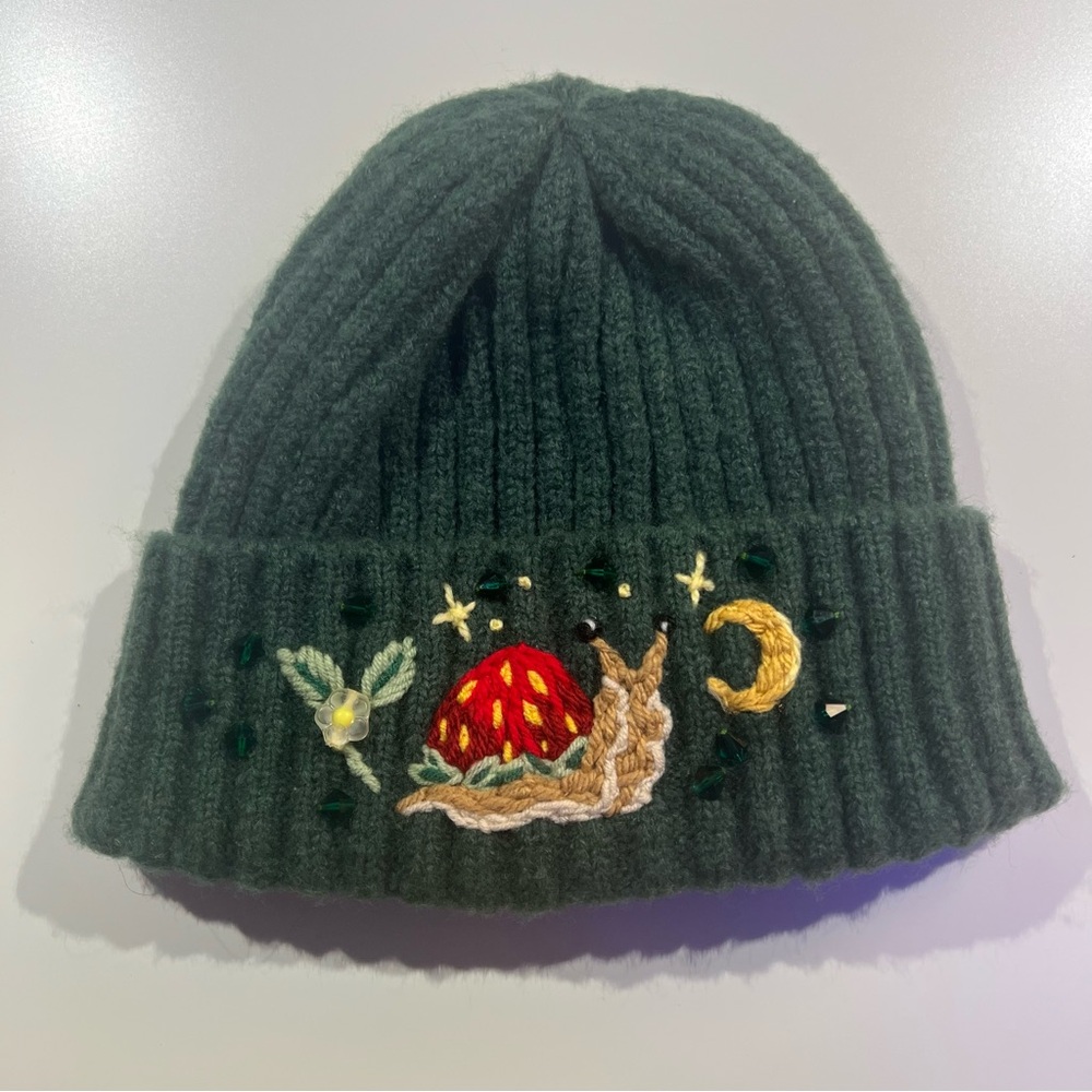Green Beanie with Embroidered Design One Size